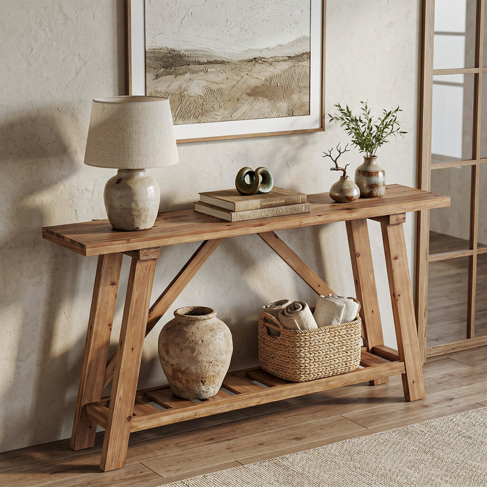 62.9" Solid Wood Console Table, Narrow Sofa Table with Storage Shelf for Entryway