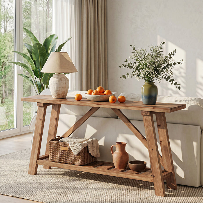 62.9" Solid Wood Console Table, Narrow Sofa Table with Storage Shelf for Entryway