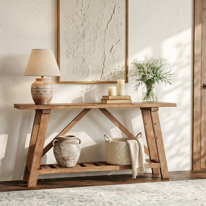 62.9" Solid Wood Console Table, Narrow Sofa Table with Storage Shelf for Entryway