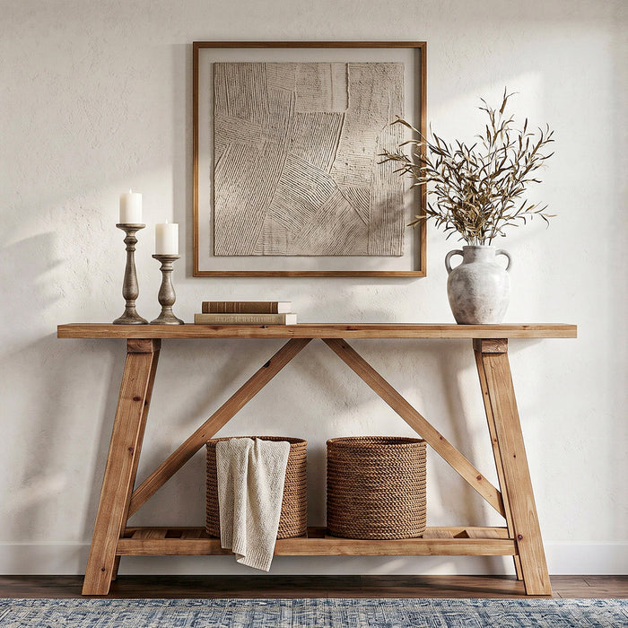 62.9" Solid Wood Console Table, Narrow Sofa Table with Storage Shelf for Entryway
