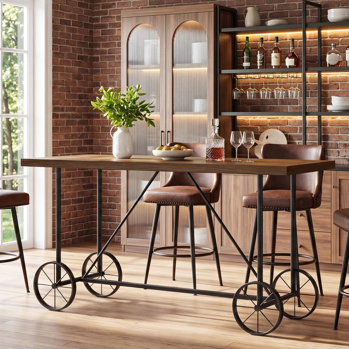 63" Bar Table, Industrial Counter Height Dining Table with Bicycle-Inspired Metal Base