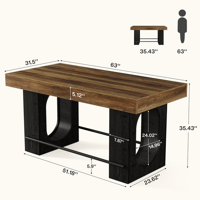 63" Bar Table, Industrial Counter Height Pub Table with Metal Footrest for Kitchen