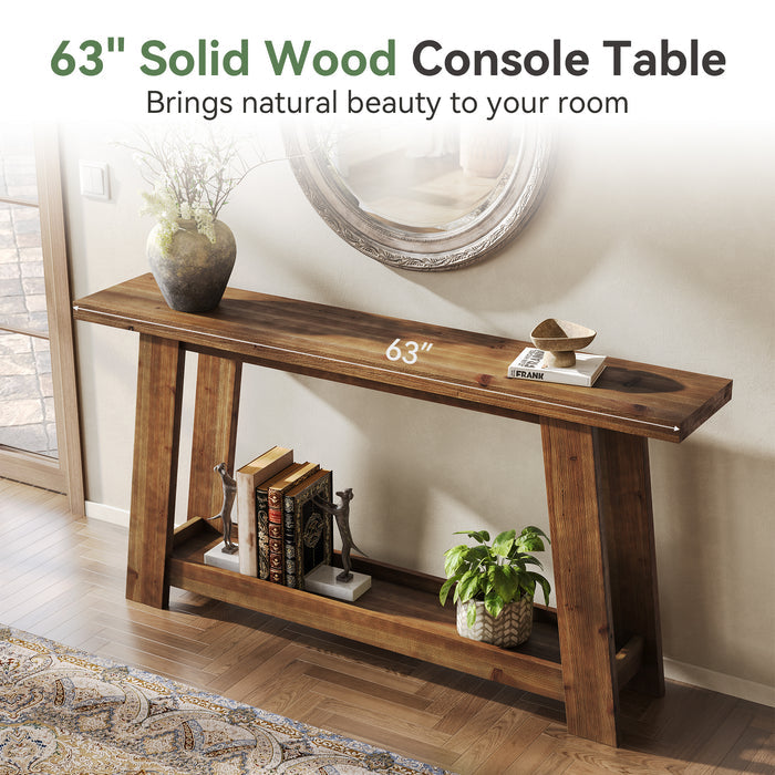 63" Console Table, Farmhouse Wood Sofa Entryway Table with 2-Tier Shelf