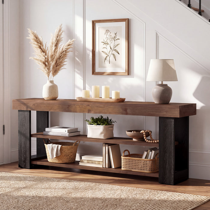 63" Console Table with 3-Tier Storage Shelves, Solid Wood Slim Entryway Sofa Table
