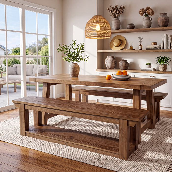 63" Dining Bench with Storage, Farmhouse Solid Wood 2-Tier, Kitchen & Dining Room