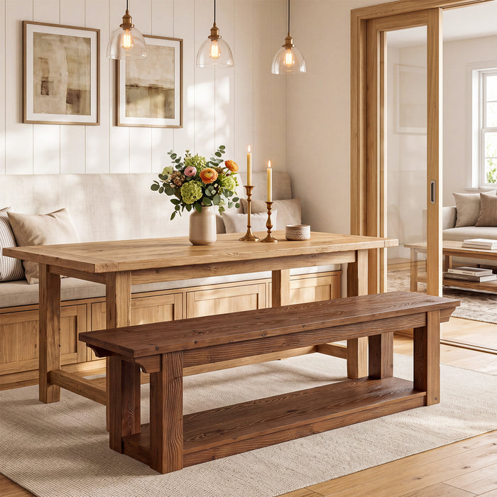 63" Dining Bench with Storage, Farmhouse Solid Wood 2-Tier, Kitchen & Dining Room