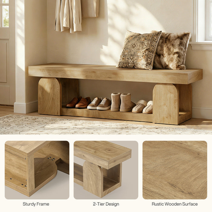 63" Entryway Bench, Farmhouse Shoe Bench with Storage Shelf for Bedroom, Hallway