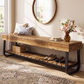 63" Entryway Bench with Storage Slatted Shelf, 2-Tier Shoe Bench with Metal Frame