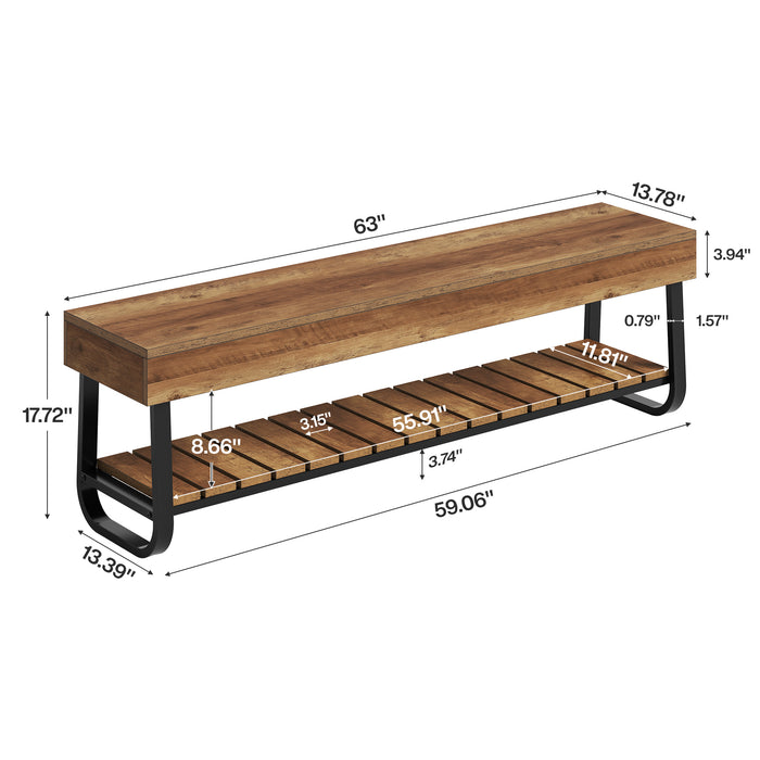 63" Entryway Bench with Storage Slatted Shelf, 2-Tier Shoe Bench with Metal Frame