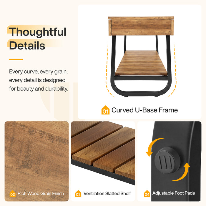 63" Entryway Bench with Storage Slatted Shelf, 2-Tier Shoe Bench with Metal Frame