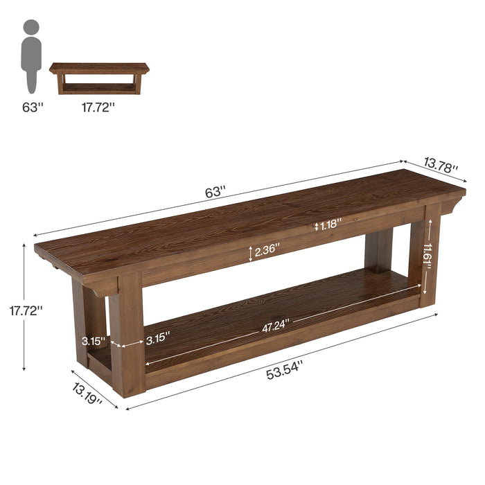 63" Entryway Shoe Storage Bench, Farmhouse Solid Wood 2-Tier, Hallway Bedroom