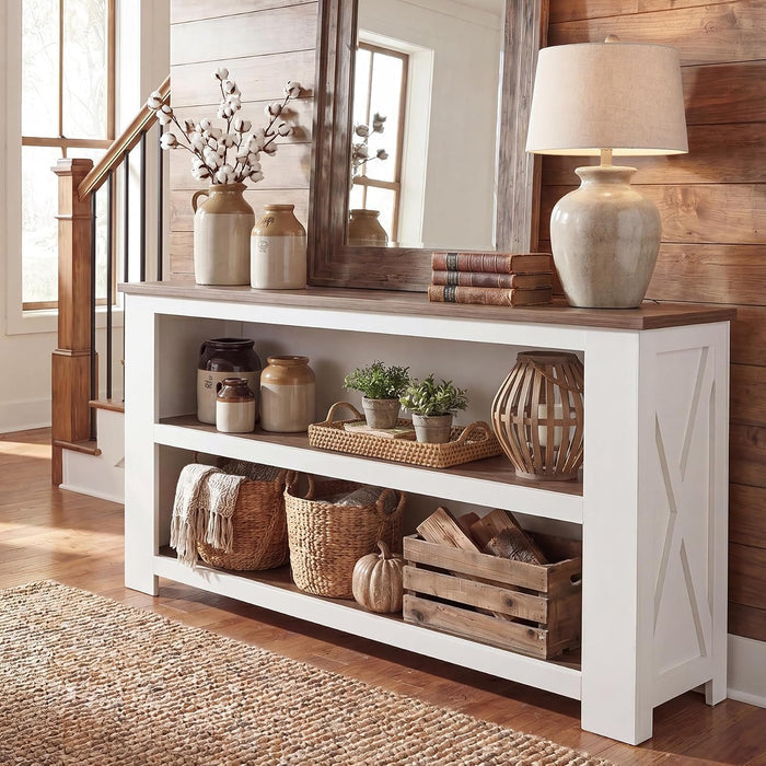 63" Farmhouse Console Table, Long Sofa Table with 3-Tier Storage for Living Room
