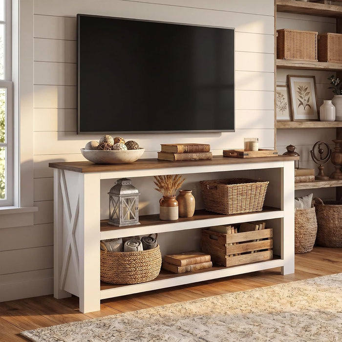63" Farmhouse Console Table, Long Sofa Table with 3-Tier Storage for Living Room