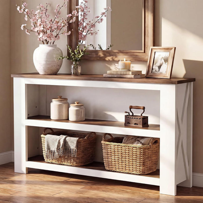 63" Farmhouse Console Table, Long Sofa Table with 3-Tier Storage for Living Room