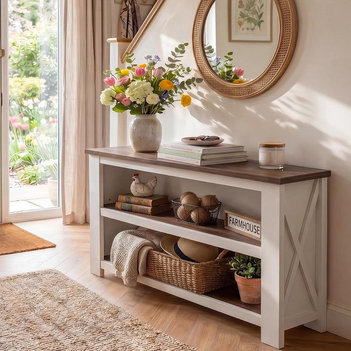 63" Farmhouse Console Table, Long Sofa Table with 3-Tier Storage for Living Room