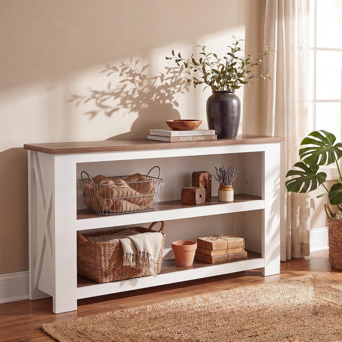 63" Farmhouse Console Table, Long Sofa Table with 3-Tier Storage for Living Room