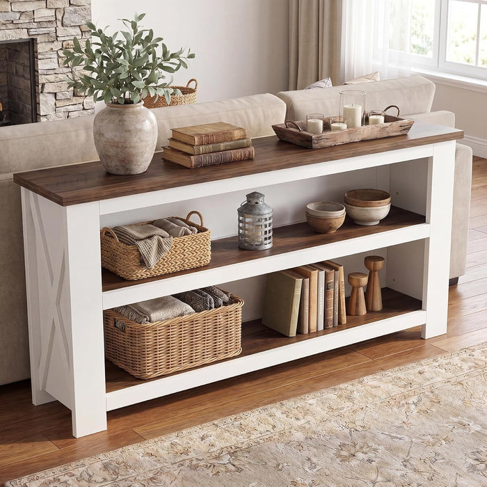 63" Farmhouse Console Table, Long Sofa Table with 3-Tier Storage for Living Room