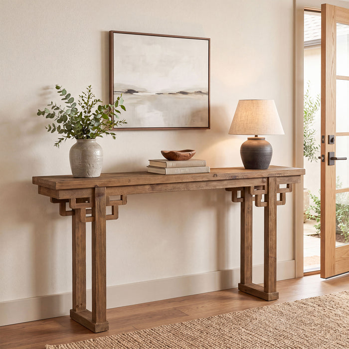 63" Farmhouse Console Table, Solid Wood Entryway Table, Thick Legs & Carved Detail