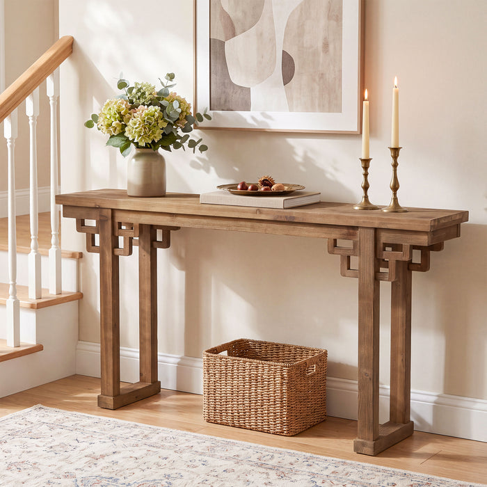 63" Farmhouse Console Table, Solid Wood Entryway Table, Thick Legs & Carved Detail