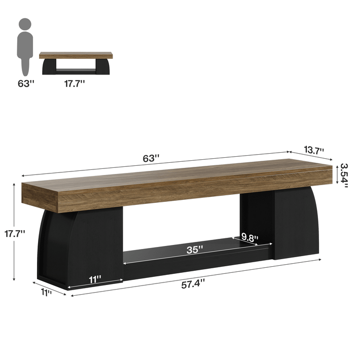 63" Farmhouse Entryway Bench, 2-Tier Long End of Bed Bench with Studry Frame