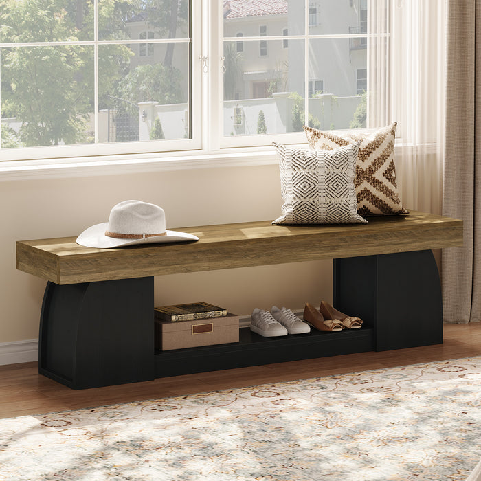 63" Farmhouse Entryway Bench, 2-Tier Long End of Bed Bench with Studry Frame