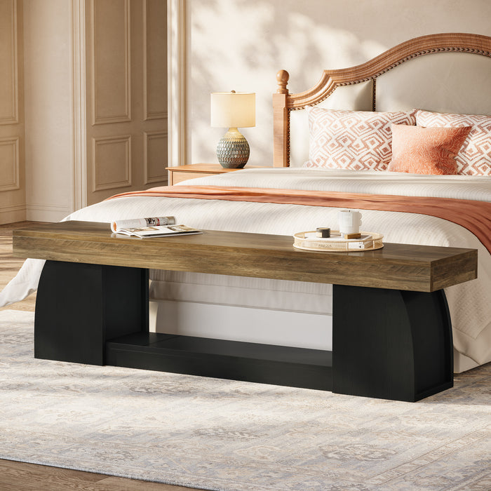 63" Farmhouse Entryway Bench, 2-Tier Long End of Bed Bench with Studry Frame