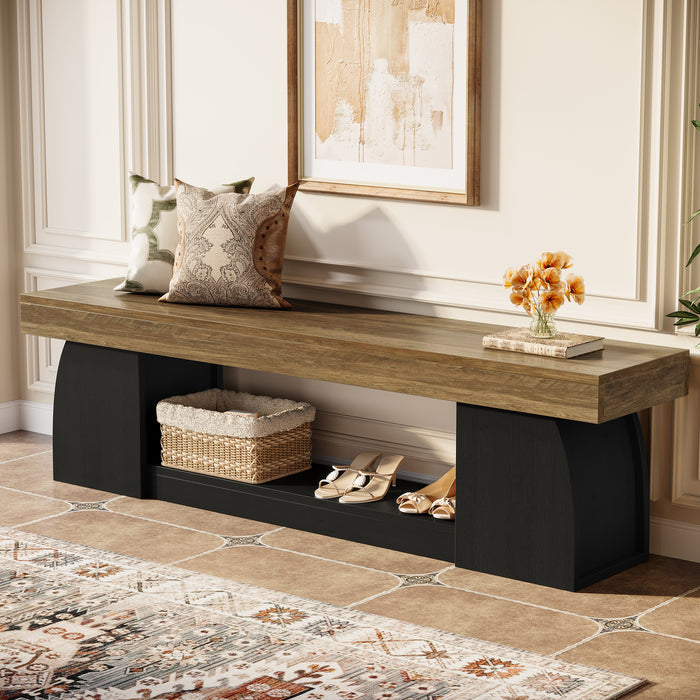 63" Farmhouse Entryway Bench, 2-Tier Long End of Bed Bench with Studry Frame