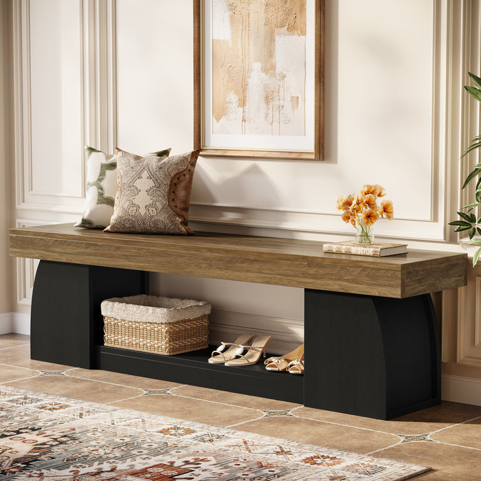 63" Farmhouse Entryway Bench, 2-Tier Long End of Bed Bench with Studry Frame