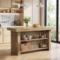 63" Farmhouse Island Table, Large Kitchen Counter with Open Shelves for Dining Room