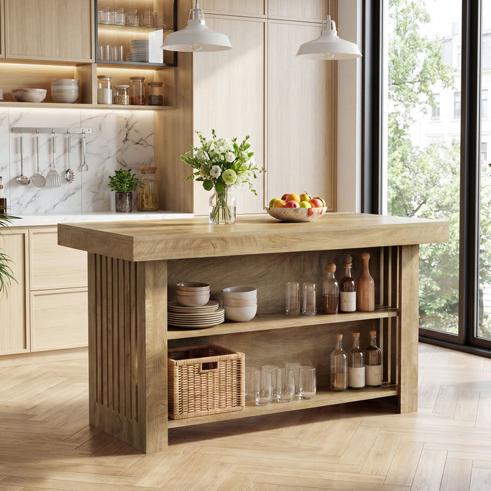 63" Farmhouse Island Table, Large Kitchen Counter with Open Shelves for Dining Room
