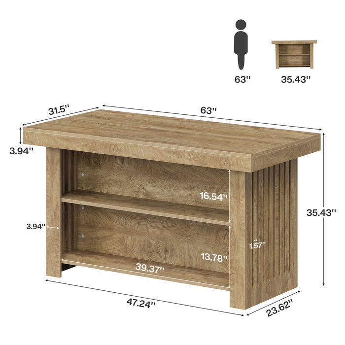 63" Farmhouse Island Table, Large Kitchen Counter with Open Shelves for Dining Room