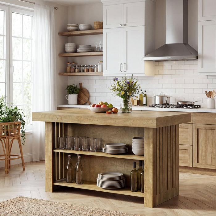 63" Farmhouse Island Table, Large Kitchen Counter with Open Shelves for Dining Room