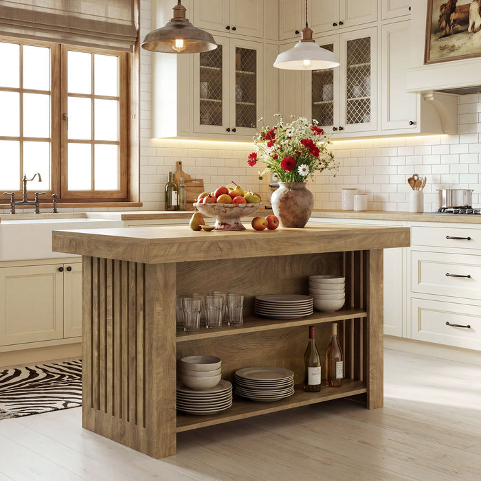 63" Farmhouse Island Table, Large Kitchen Counter with Open Shelves for Dining Room