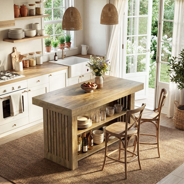 63" Farmhouse Island Table, Large Kitchen Counter with Open Shelves for Dining Room