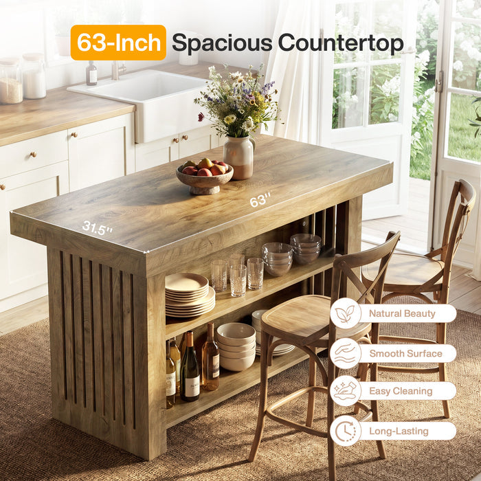 63" Farmhouse Island Table, Large Kitchen Counter with Open Shelves for Dining Room