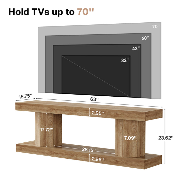 63" Farmhouse TV Stand for TVs up to 70", Wooden Entertainment Center with 2-Tier Open Storage