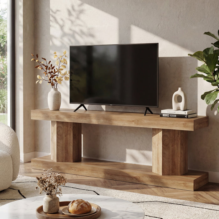 63" Farmhouse TV Stand for TVs up to 70", Wooden Entertainment Center with 2-Tier Open Storage