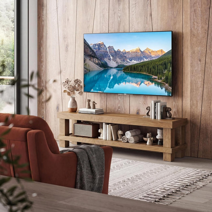 63" Farmhouse TV Stand, Media Entertainment Center Console with Slatted Open Shelf