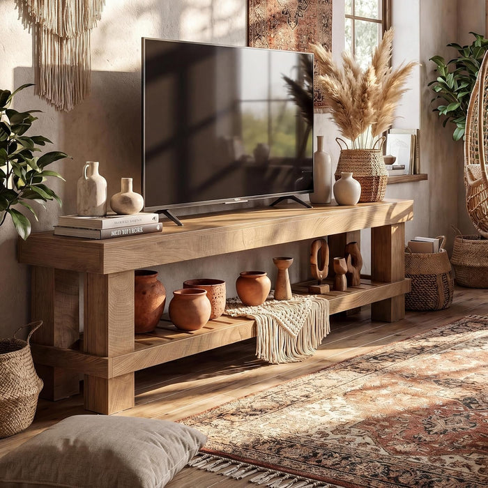 63" Farmhouse TV Stand, Media Entertainment Center Console with Slatted Open Shelf