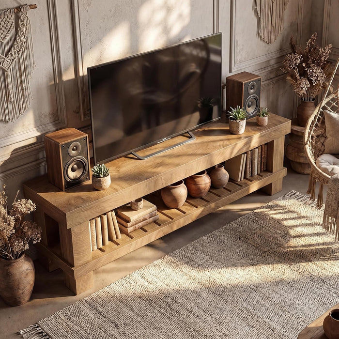 63" Farmhouse TV Stand, Media Entertainment Center Console with Slatted Open Shelf