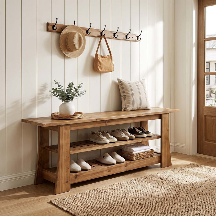63-Inch Solid Wood Shoe Bench, Farmhouse Indoor Entryway Bench with 3-Tier Storage