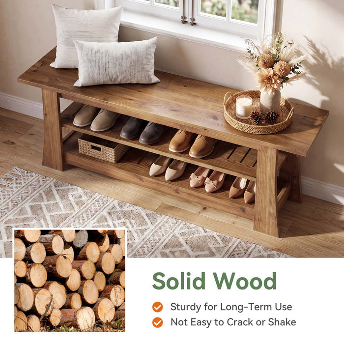 63-Inch Solid Wood Shoe Bench, Farmhouse Indoor Entryway Bench with 3-Tier Storage