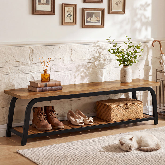 63" Industrial Entryway Bench, 2-Tier Shoe Storage Bench with Metal Frame for Hallway