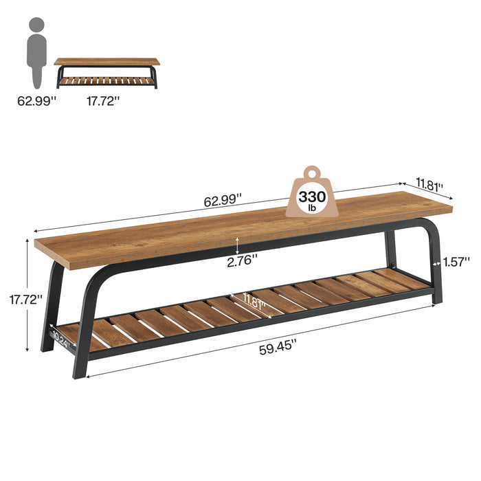 63" Industrial Entryway Bench, 2-Tier Shoe Storage Bench with Metal Frame for Hallway