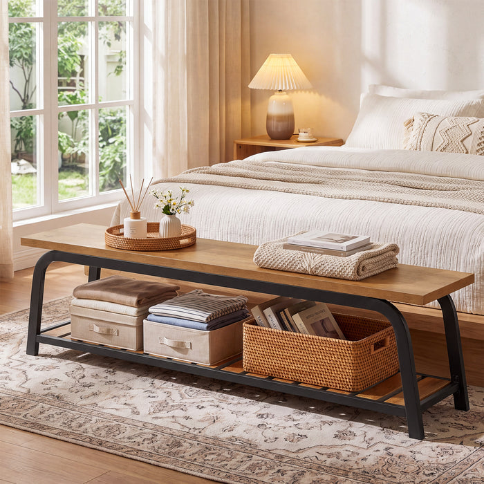 63" Industrial Entryway Bench, 2-Tier Shoe Storage Bench with Metal Frame for Hallway