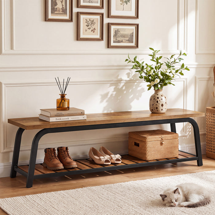 63" Industrial Entryway Bench, 2-Tier Shoe Storage Bench with Metal Frame for Hallway