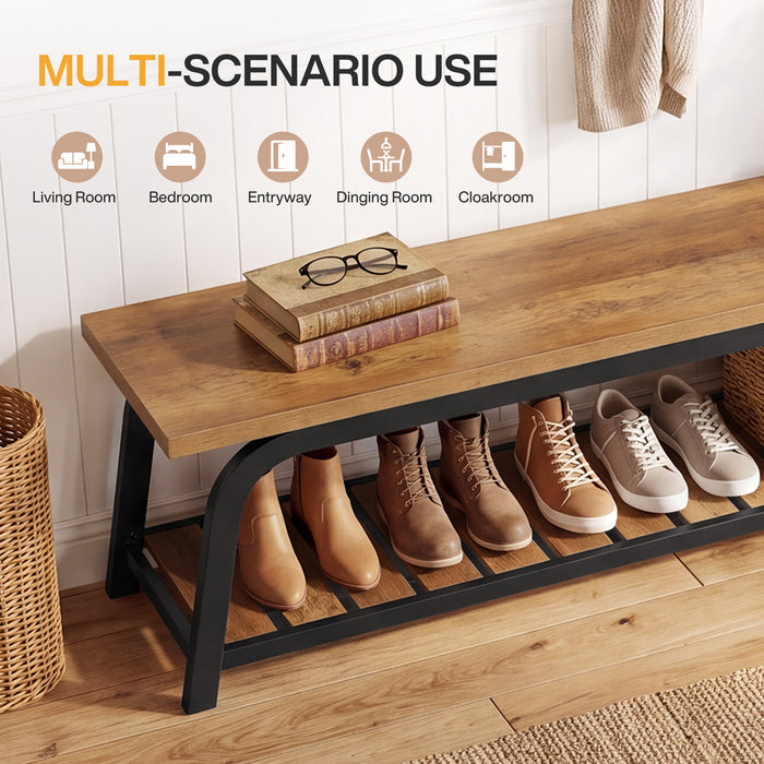 63" Industrial Entryway Bench, 2-Tier Shoe Storage Bench with Metal Frame for Hallway