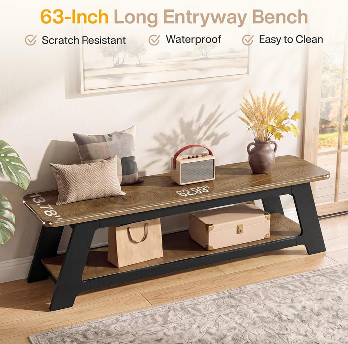 63" Long Entryway Bench, Modern Indoor Bench Seat with Shoe Storage for Hallway