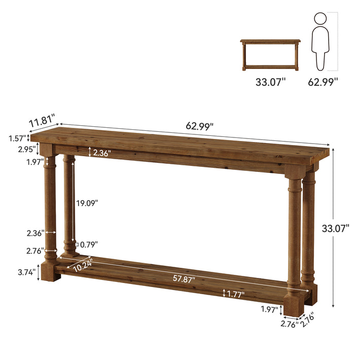 63" Solid Wood Console Table, 2-Tier Entryway Table with Turned Spindle Legs for Hallway
