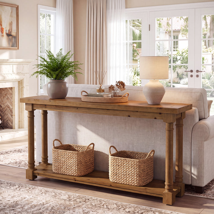 63" Solid Wood Console Table, 2-Tier Entryway Table with Turned Spindle Legs for Hallway